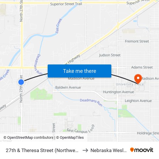 27th & Theresa Street (Northwest Side) to Nebraska Wesleyan map