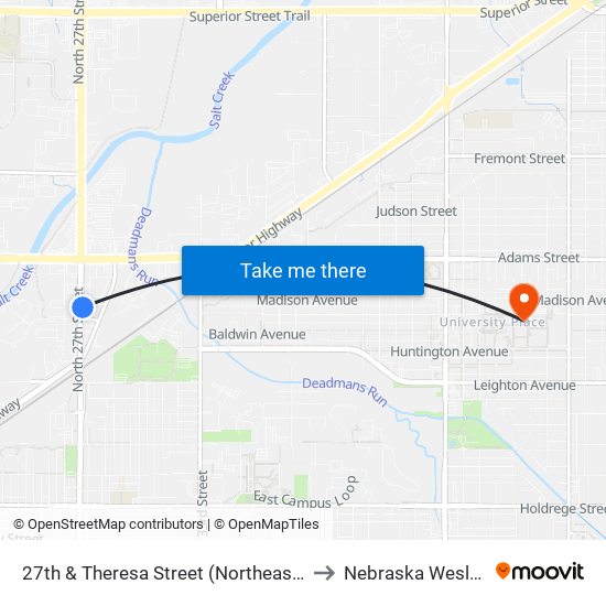 27th & Theresa Street (Northeast Side) to Nebraska Wesleyan map
