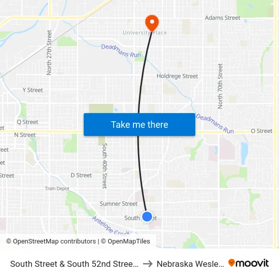 South Street & South 52nd Street, NW to Nebraska Wesleyan map