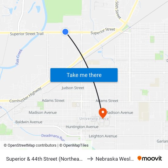 Superior & 44th Street (Northeast Side) to Nebraska Wesleyan map