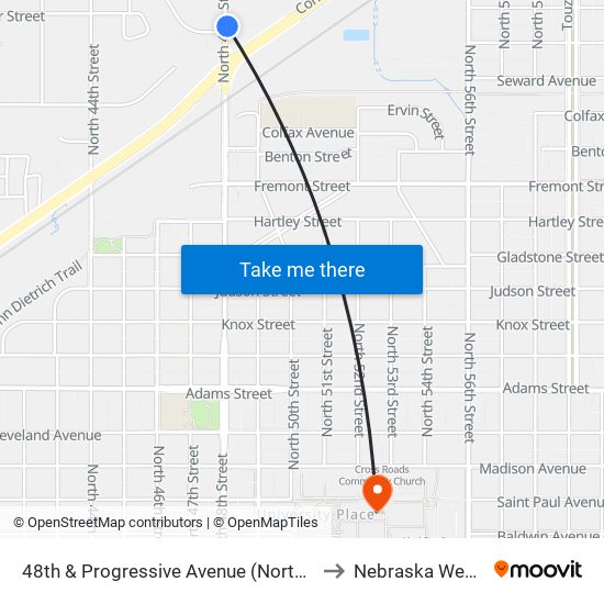 48th & Progressive Avenue (Northeast Side) to Nebraska Wesleyan map