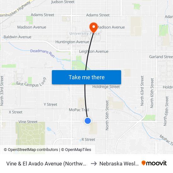 Vine & El Avado Avenue (Northwest Side) to Nebraska Wesleyan map