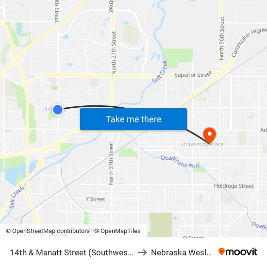 14th & Manatt Street (Southwest Side) to Nebraska Wesleyan map