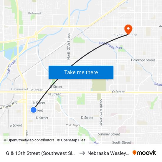 G & 13th Street (Southwest Side) to Nebraska Wesleyan map