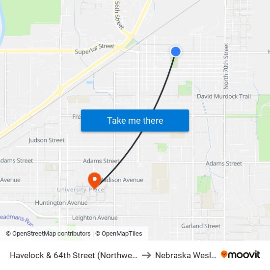 Havelock & 64th Street (Northwest Side) to Nebraska Wesleyan map