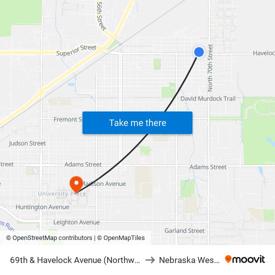 69th & Havelock Avenue (Northwest Side) to Nebraska Wesleyan map