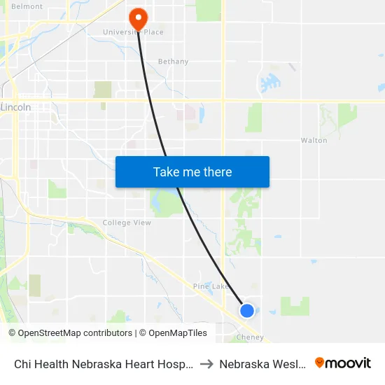 Chi Health Nebraska Heart Hospital, NE to Nebraska Wesleyan map