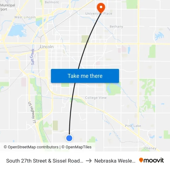 South 27th Street & Sissel Road, SW to Nebraska Wesleyan map
