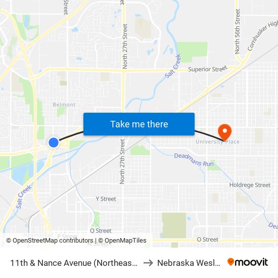 11th & Nance Avenue (Northeast Side) to Nebraska Wesleyan map