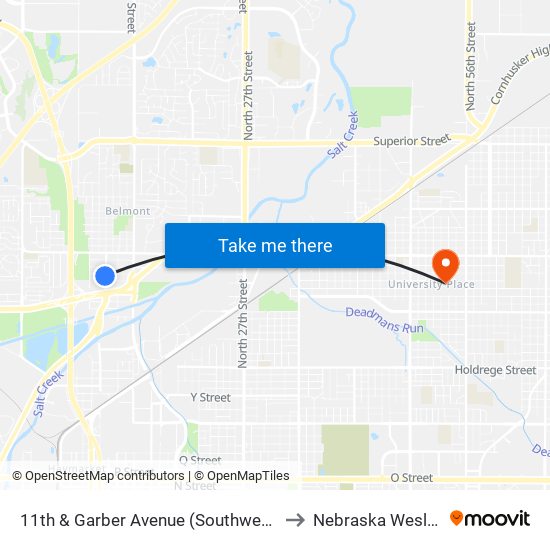 11th & Garber Avenue (Southwest Side) to Nebraska Wesleyan map