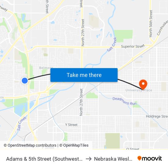 Adams & 5th Street (Southwest Side) to Nebraska Wesleyan map