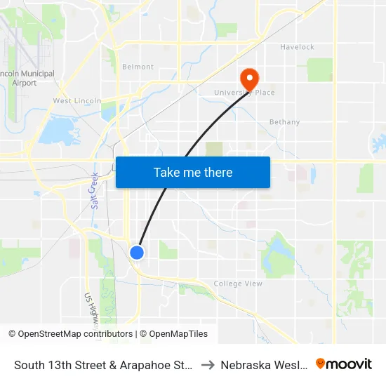 South 13th Street & Arapahoe Street, NE to Nebraska Wesleyan map