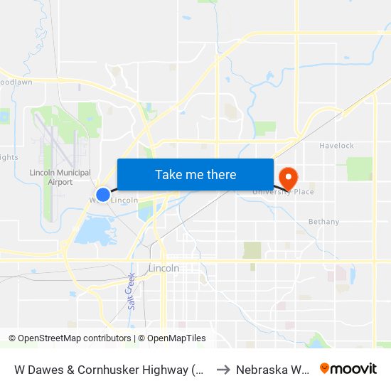 W Dawes & Cornhusker Highway (Northeast Side) to Nebraska Wesleyan map