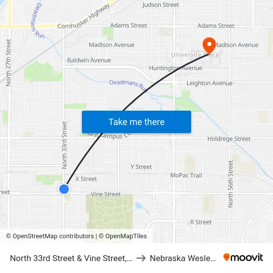 North 33rd Street & Vine Street, NE to Nebraska Wesleyan map