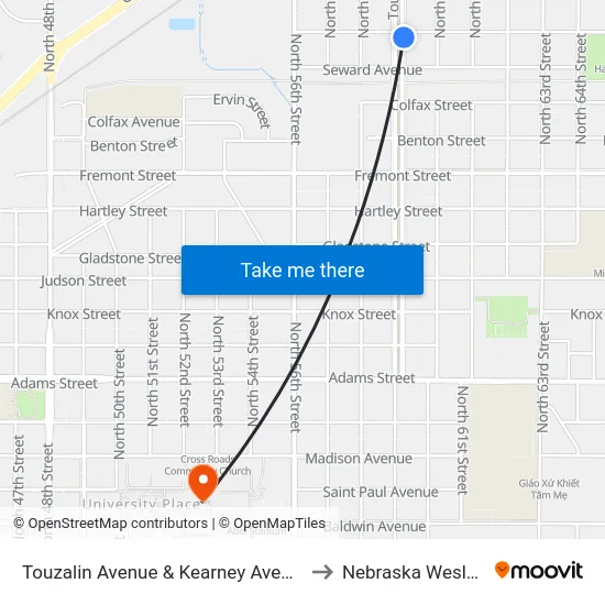 Touzalin Avenue & Kearney Avenue, Se to Nebraska Wesleyan map