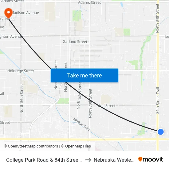 College Park Road & 84th Street, NE to Nebraska Wesleyan map