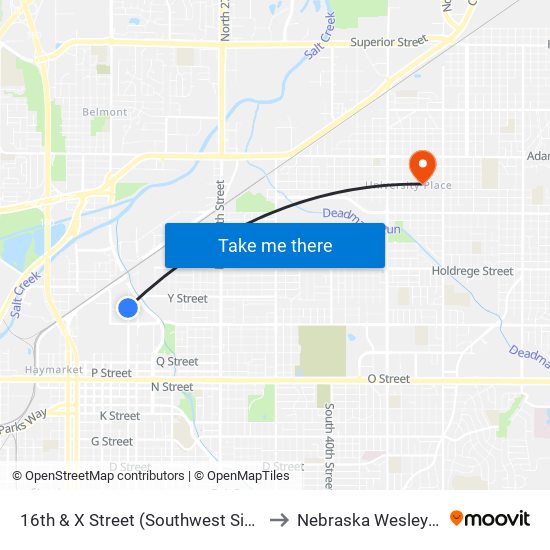 16th & X Street (Southwest Side) to Nebraska Wesleyan map