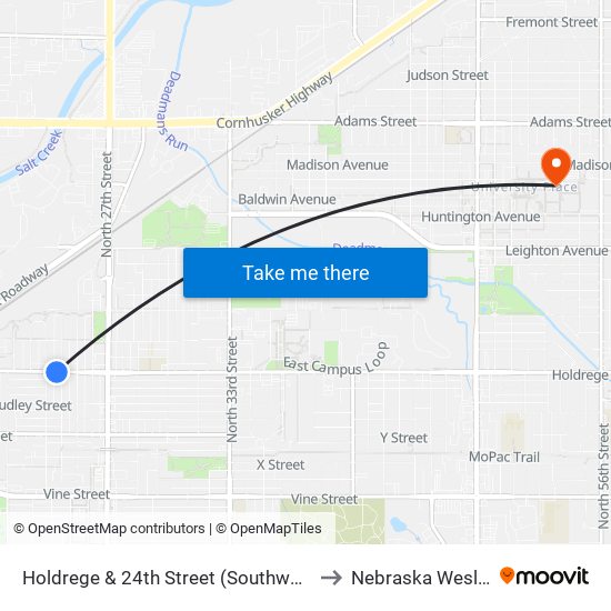 Holdrege & 24th Street (Southwest Side) to Nebraska Wesleyan map