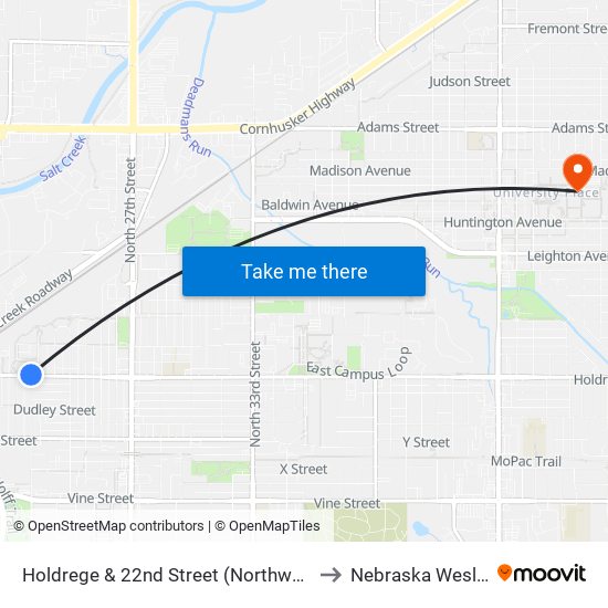 Holdrege & 22nd Street (Northwest Side) to Nebraska Wesleyan map