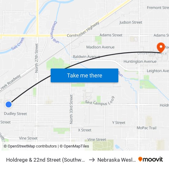 Holdrege & 22nd Street (Southwest Side) to Nebraska Wesleyan map