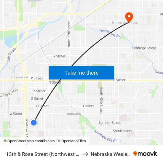 13th & Rose Street (Northwest Side) to Nebraska Wesleyan map