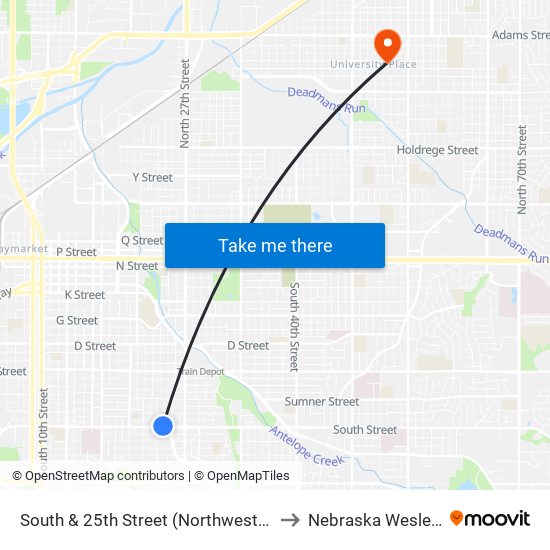 South & 25th Street (Northwest Side) to Nebraska Wesleyan map