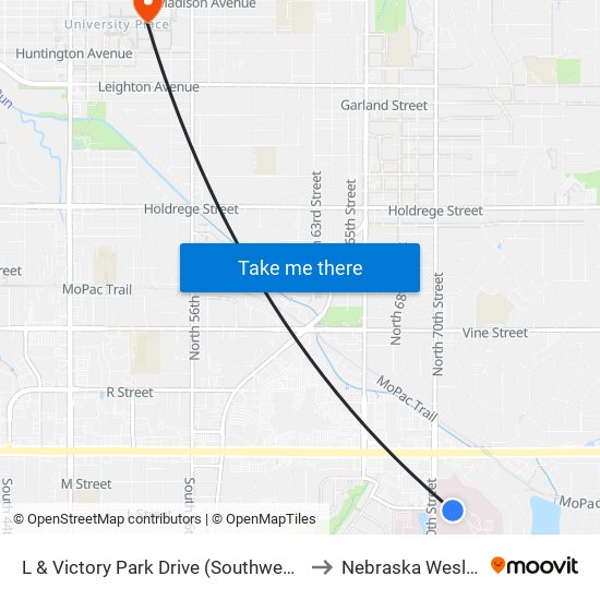 L & Victory Park Drive (Southwest Side) to Nebraska Wesleyan map