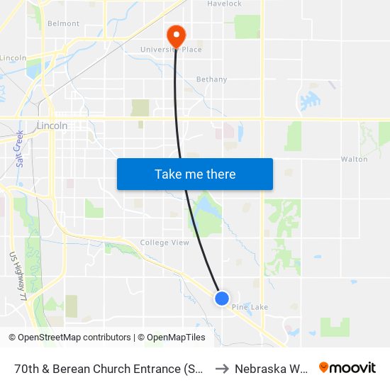 70th & Berean Church Entrance (Southwest Side) to Nebraska Wesleyan map