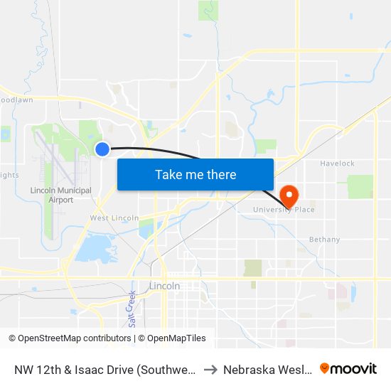 NW 12th & Isaac Drive (Southwest Side) to Nebraska Wesleyan map