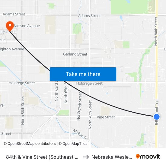 84th & Vine Street (Southeast Side) to Nebraska Wesleyan map