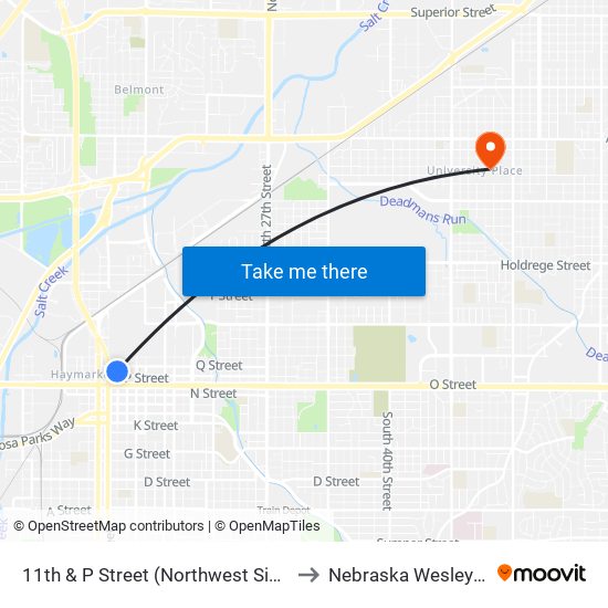 11th & P Street (Northwest Side) to Nebraska Wesleyan map