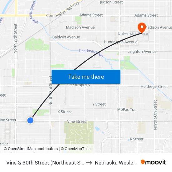 Vine & 30th Street (Northeast Side) to Nebraska Wesleyan map