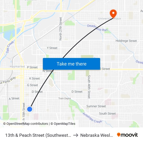 13th & Peach Street (Southwest Side) to Nebraska Wesleyan map