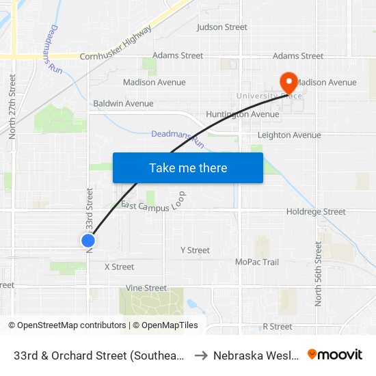 33rd & Orchard Street (Southeast Side) to Nebraska Wesleyan map