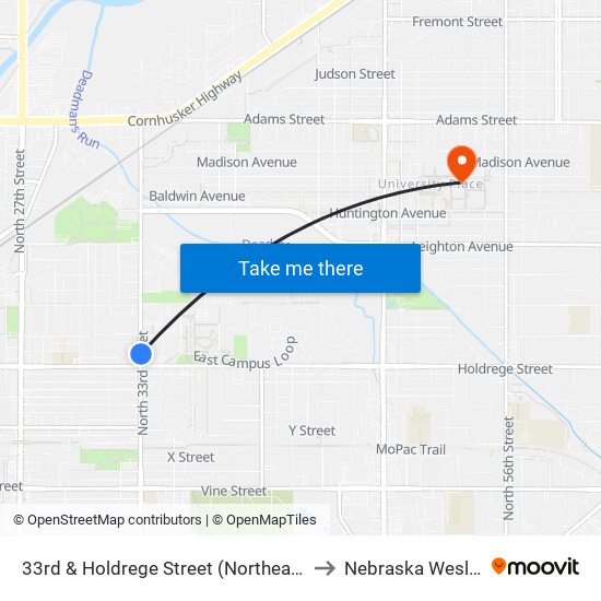 33rd & Holdrege Street (Northeast Side) to Nebraska Wesleyan map