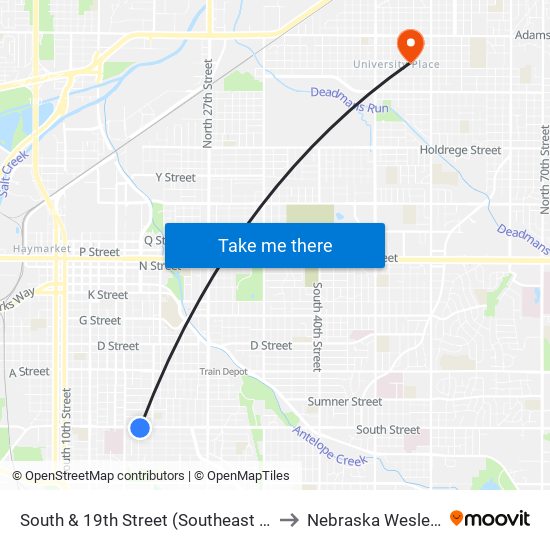 South & 19th Street (Southeast Side) to Nebraska Wesleyan map