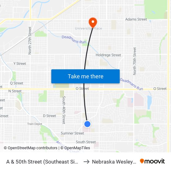 A & 50th Street (Southeast Side) to Nebraska Wesleyan map