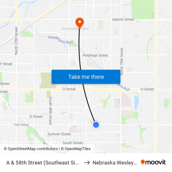 A & 58th Street (Southeast Side) to Nebraska Wesleyan map