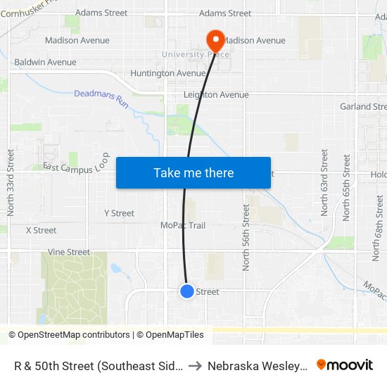 R & 50th Street (Southeast Side) to Nebraska Wesleyan map