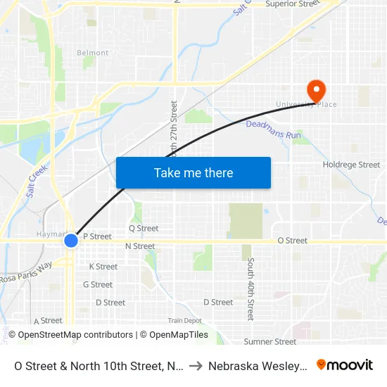 O Street & North 10th Street, NW to Nebraska Wesleyan map