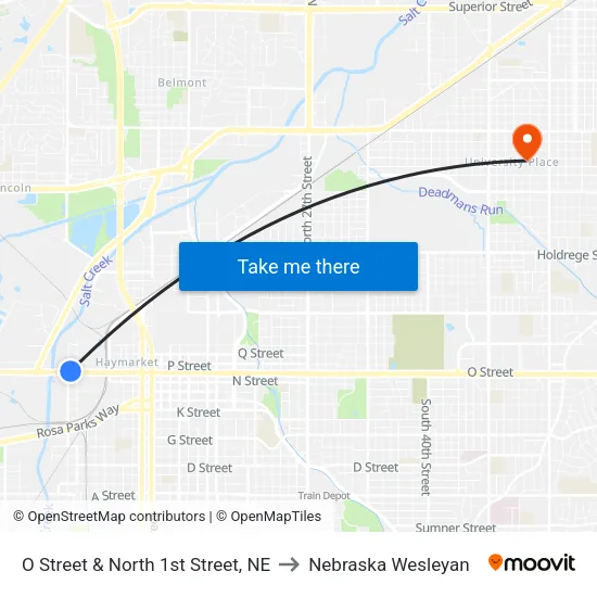 O Street & North 1st Street, NE to Nebraska Wesleyan map