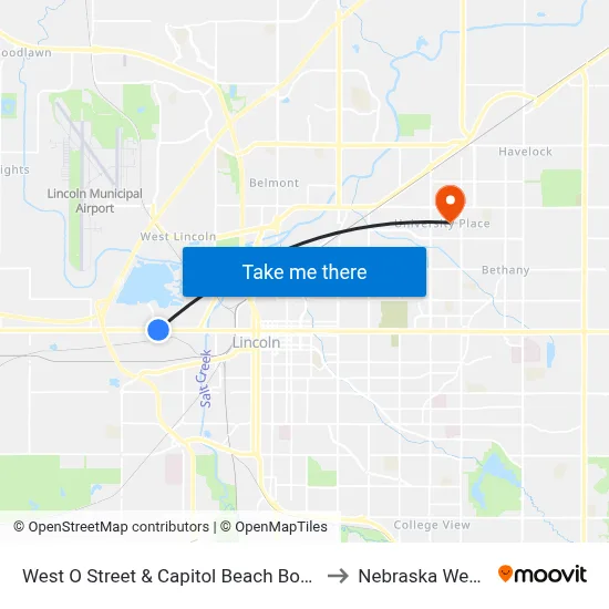 West O Street & Capitol Beach Boulevard, NE to Nebraska Wesleyan map