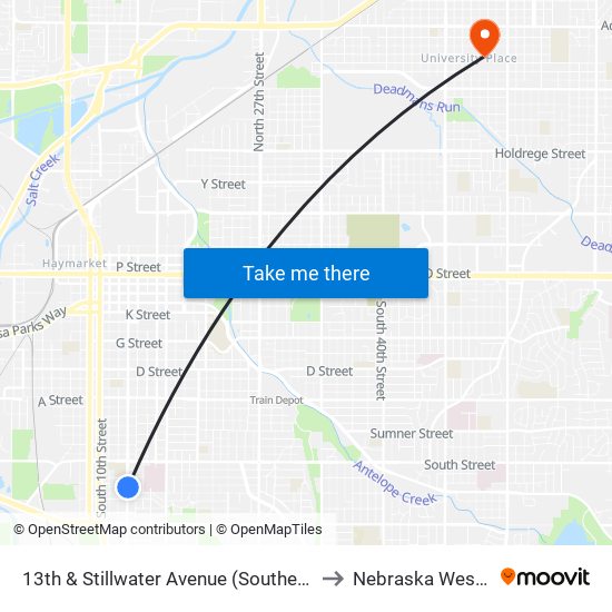 13th & Stillwater Avenue (Southeast Side) to Nebraska Wesleyan map