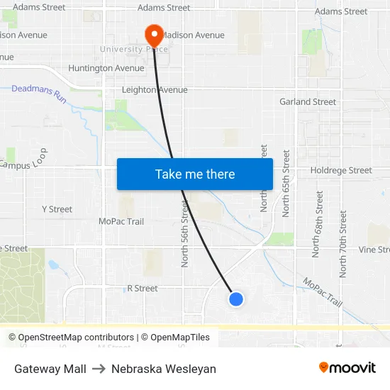 Gateway Mall to Nebraska Wesleyan map