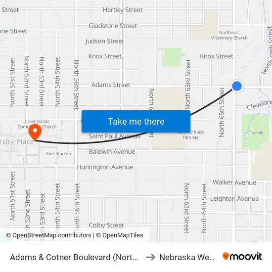 Adams & Cotner Boulevard (Northeast Side) to Nebraska Wesleyan map