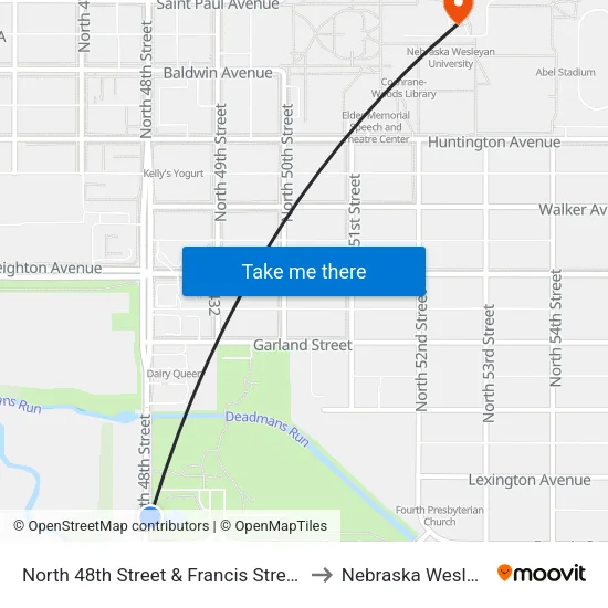 North 48th Street & Francis Street, NE to Nebraska Wesleyan map