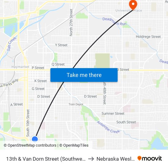 13th & Van Dorn Street (Southwest Side) to Nebraska Wesleyan map