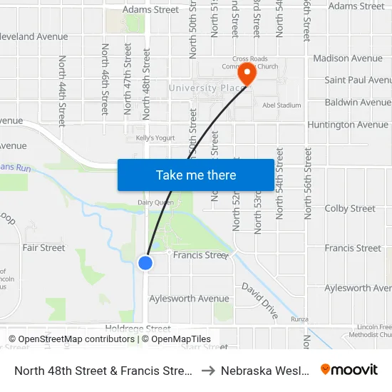 North 48th Street & Francis Street, SW to Nebraska Wesleyan map