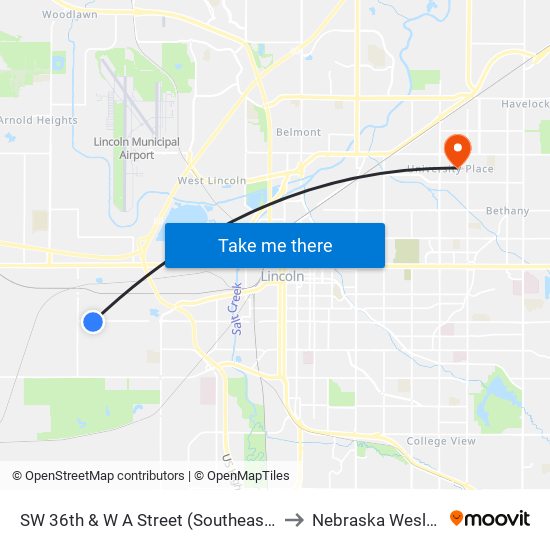 SW 36th & W A Street (Southeast Side) to Nebraska Wesleyan map