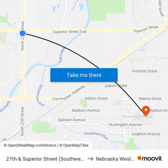 27th & Superior Street (Southwest Side) to Nebraska Wesleyan map